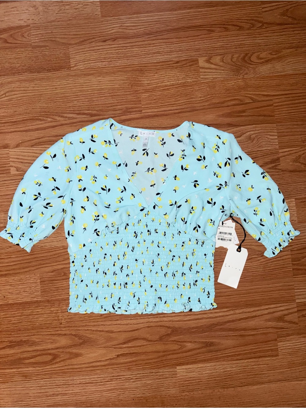 Leith Light Blue Floral Smocked V-Neck Crop Top